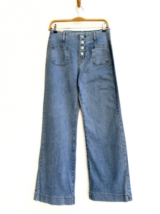 Jeans Rectos de Tiro Alto con Botones Frontales Azul