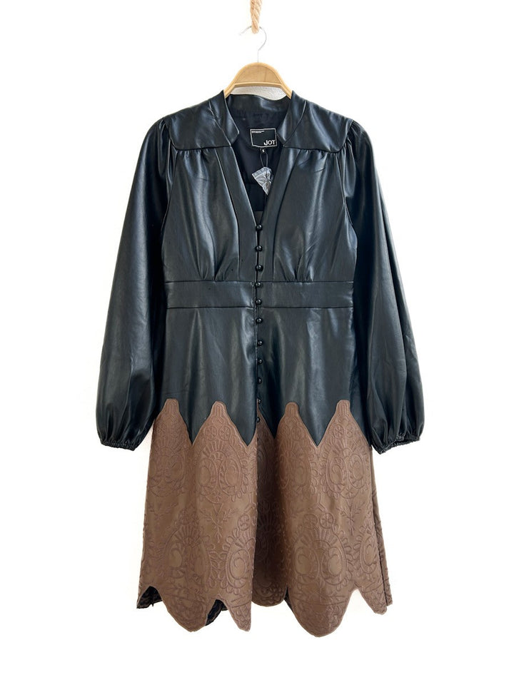 Vestido de Manga Larga con Polipiel Negro y Falda Bordada Marrón